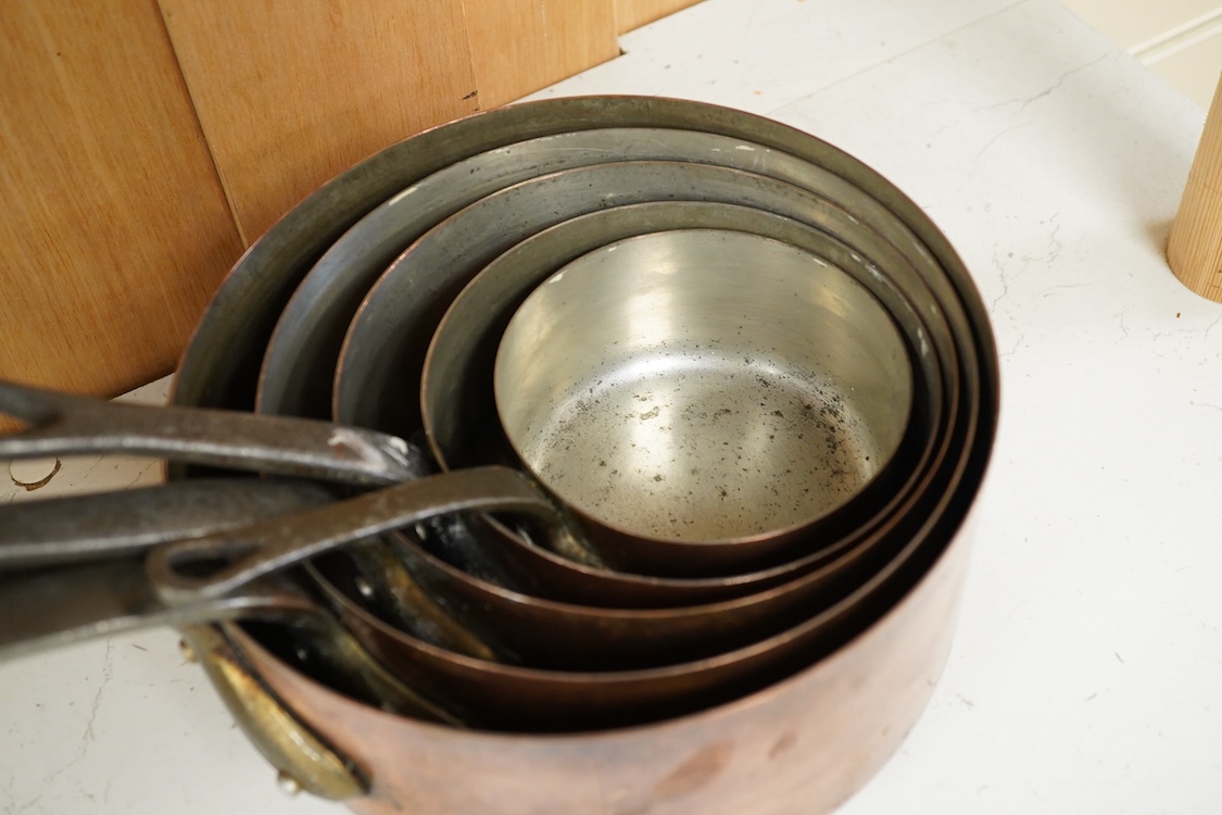 A graduated set five copper saucepans, signed Faucogney, largest 33cm wide